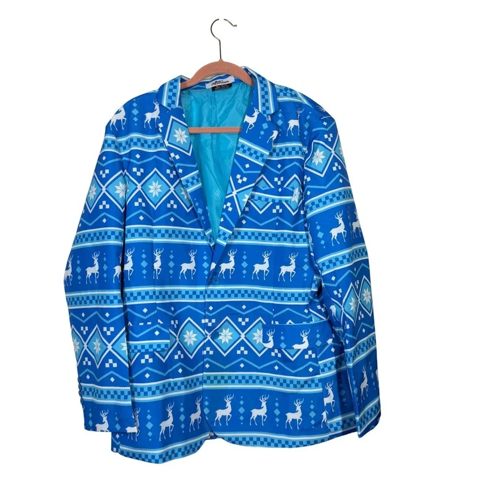 OffStream Blue Reindeer Fair Isle Ugly Christmas Blazer Jacket Men L 52-54 42-44